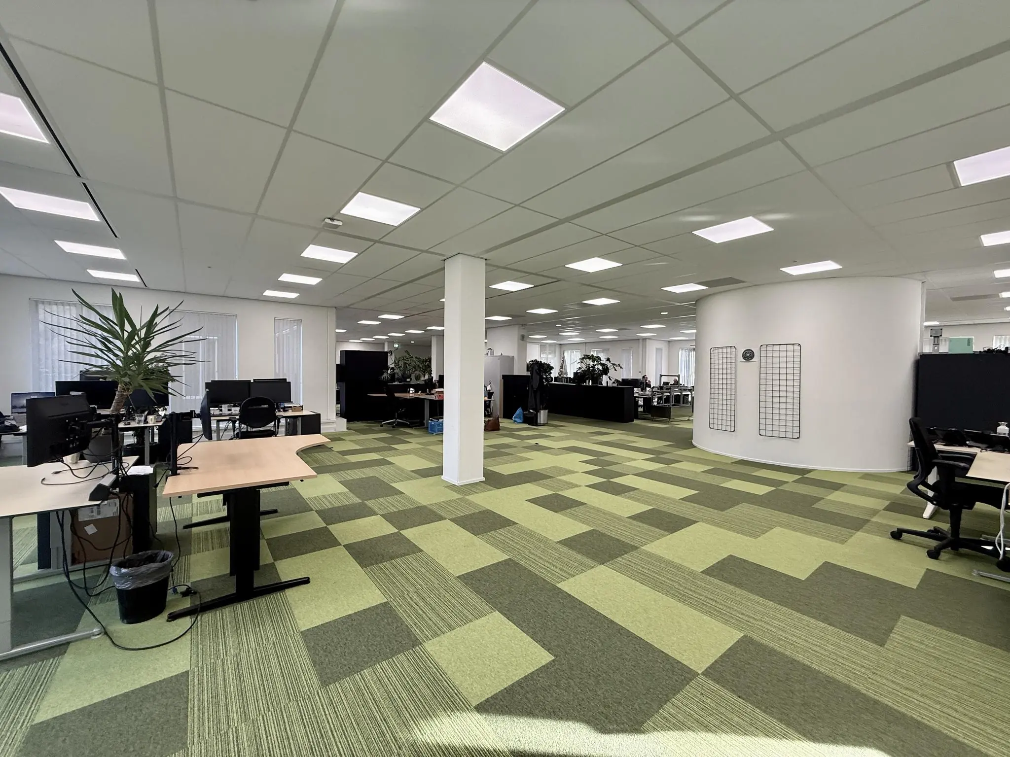 Modern kantoorinterieur aan de Arnhemse Bovenweg met open werkplekken, groene vloerbedekking en witte wanden.